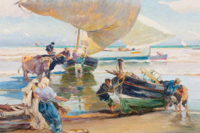 Painting of people, oxen, and boats along shore